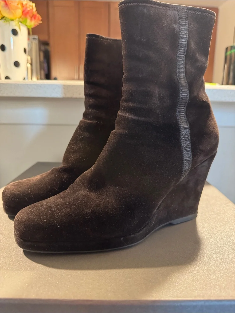 Prada Dark Brown Suede Wedge Booties